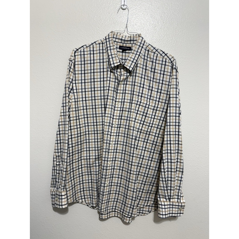 Lands' End Men's Blue Tan Plaid Button-Down Shirt XXL Traditional Fit